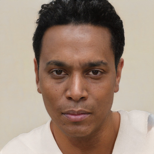 Neutral black young-adult male with short  black hair and brown eyes