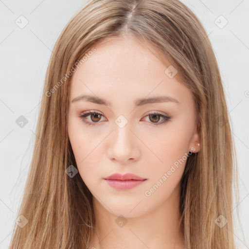 Neutral white young-adult female with long  brown hair and brown eyes