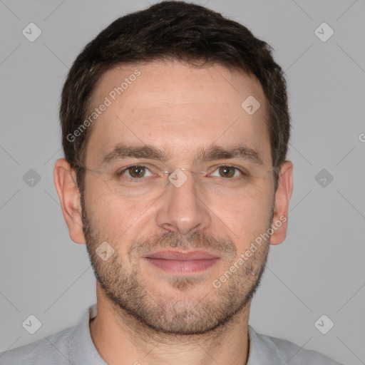 Joyful white adult male with short  brown hair and brown eyes