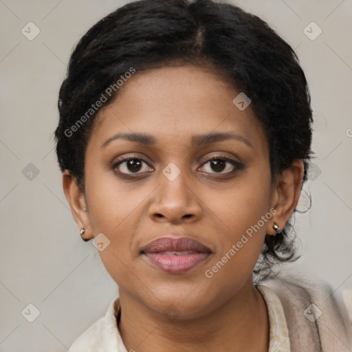 Joyful black young-adult female with short  brown hair and brown eyes