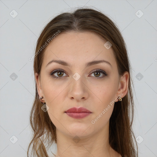 Neutral white young-adult female with long  brown hair and brown eyes