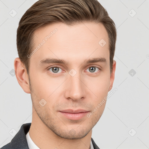 Neutral white young-adult male with short  brown hair and grey eyes