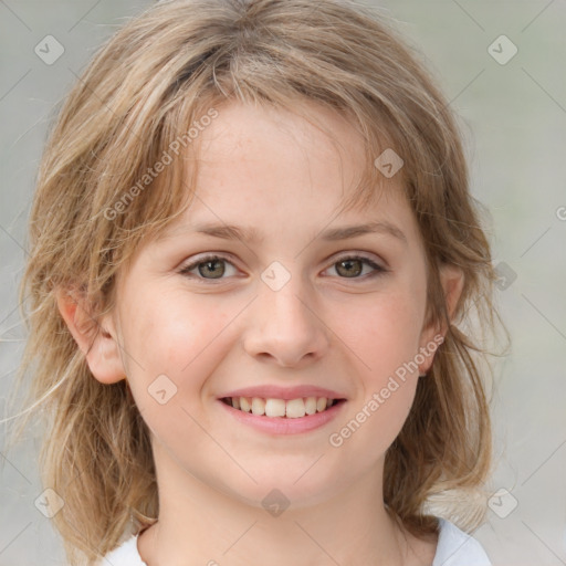 Joyful white child female with medium  brown hair and grey eyes