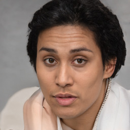 Joyful white adult female with short  brown hair and brown eyes