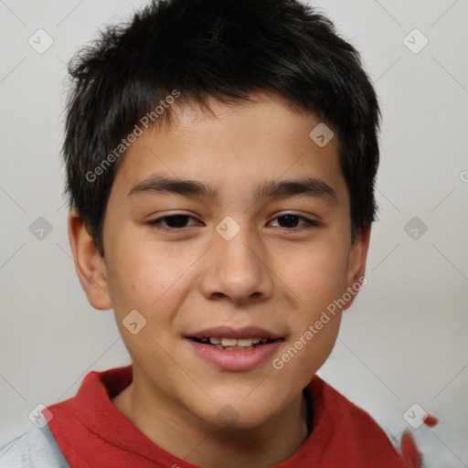 Joyful white child male with short  brown hair and brown eyes