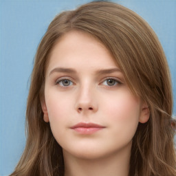 Neutral white young-adult female with long  brown hair and grey eyes