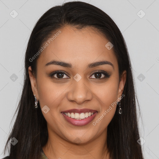 Joyful latino young-adult female with long  brown hair and brown eyes