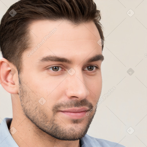 Neutral white young-adult male with short  brown hair and brown eyes