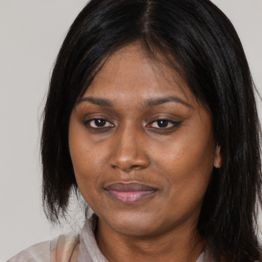 Joyful latino adult female with medium  brown hair and brown eyes