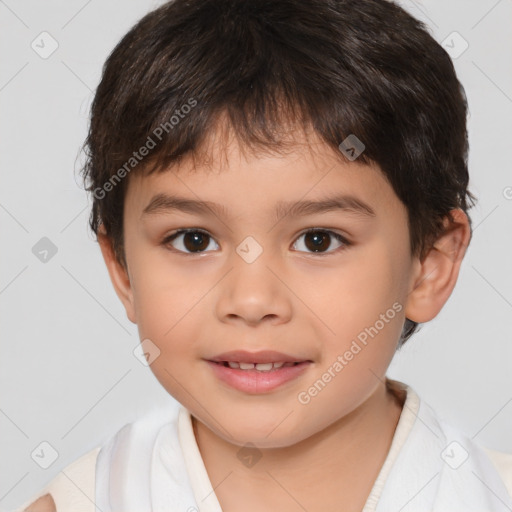 Joyful white child male with short  brown hair and brown eyes