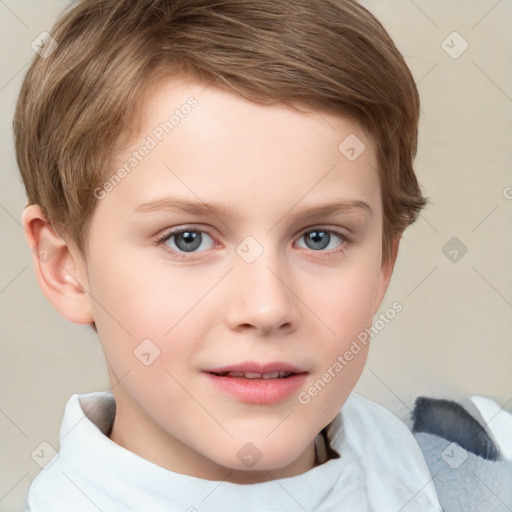 Joyful white child female with short  brown hair and grey eyes