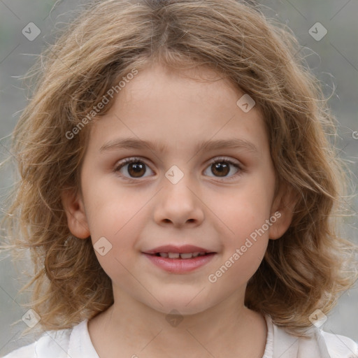 Joyful white child female with medium  brown hair and brown eyes