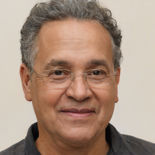 Joyful white middle-aged male with short  brown hair and brown eyes