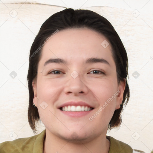 Joyful white young-adult female with medium  brown hair and brown eyes