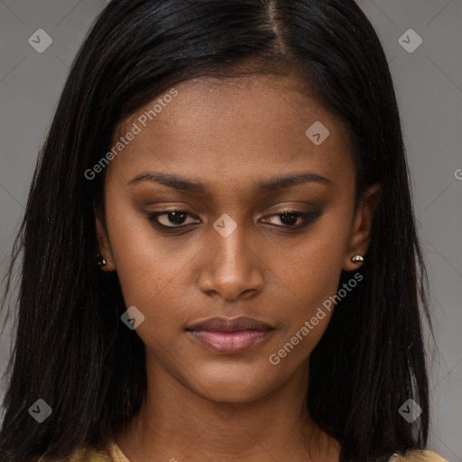 Neutral asian young-adult female with long  brown hair and brown eyes