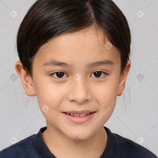 Joyful white child female with medium  brown hair and brown eyes