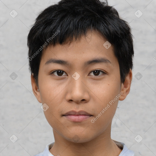 Neutral asian young-adult male with short  black hair and brown eyes