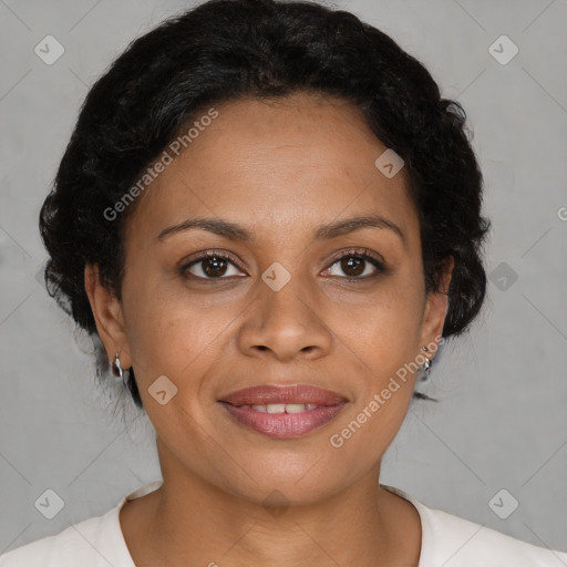 Joyful latino young-adult female with short  brown hair and brown eyes