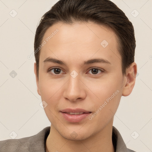 Joyful white young-adult female with short  brown hair and brown eyes