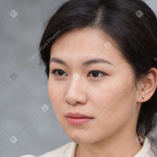 Neutral white young-adult female with medium  brown hair and brown eyes