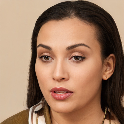 Neutral white young-adult female with long  brown hair and brown eyes