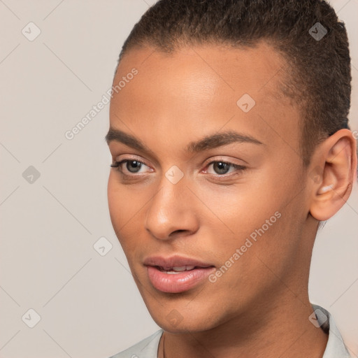 Neutral white young-adult male with short  brown hair and brown eyes