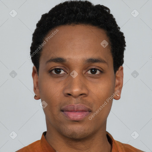 Neutral black young-adult male with short  black hair and brown eyes