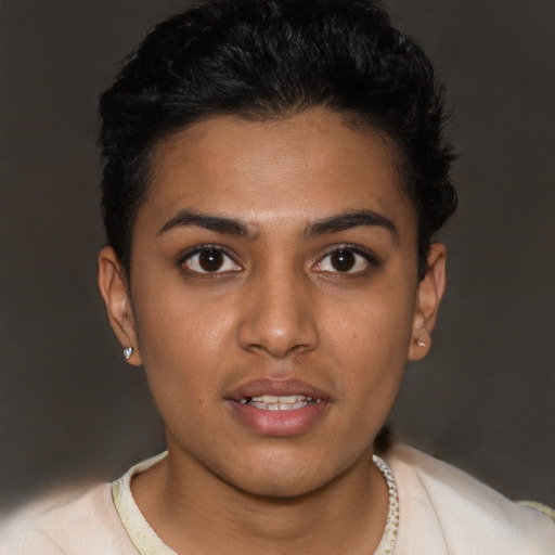 Joyful latino young-adult female with short  brown hair and brown eyes