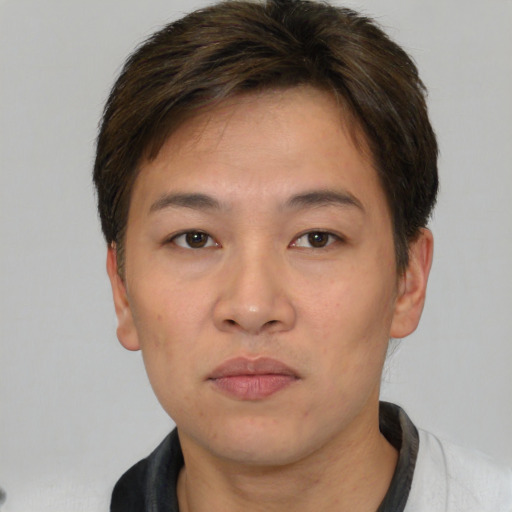 Neutral asian adult male with short  brown hair and brown eyes