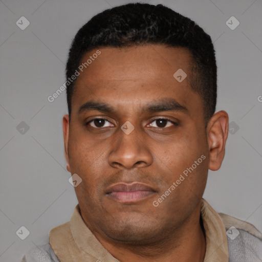 Neutral latino young-adult male with short  black hair and brown eyes