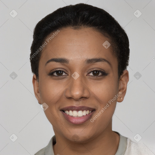 Joyful latino young-adult female with short  black hair and brown eyes