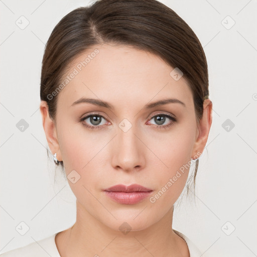 Neutral white young-adult female with medium  brown hair and grey eyes