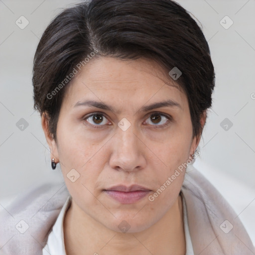 Joyful white adult female with medium  brown hair and brown eyes