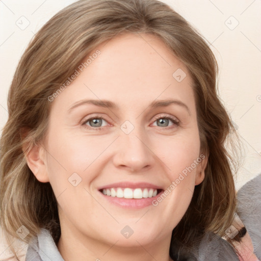 Joyful white young-adult female with medium  brown hair and blue eyes