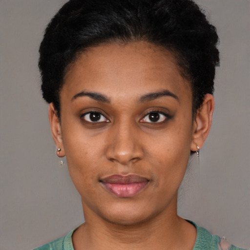Neutral latino young-adult female with short  black hair and brown eyes