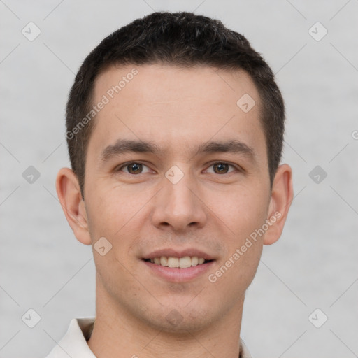 Joyful white young-adult male with short  brown hair and brown eyes