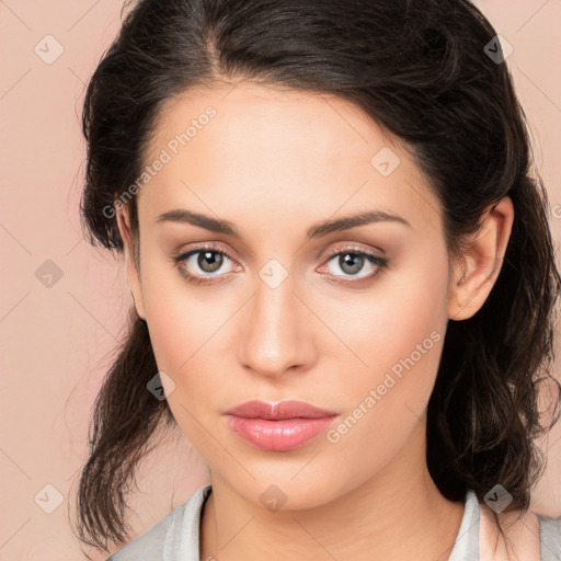 Neutral white young-adult female with medium  brown hair and brown eyes