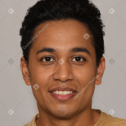 Joyful latino young-adult male with short  brown hair and brown eyes