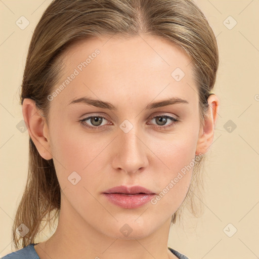 Neutral white young-adult female with medium  brown hair and blue eyes