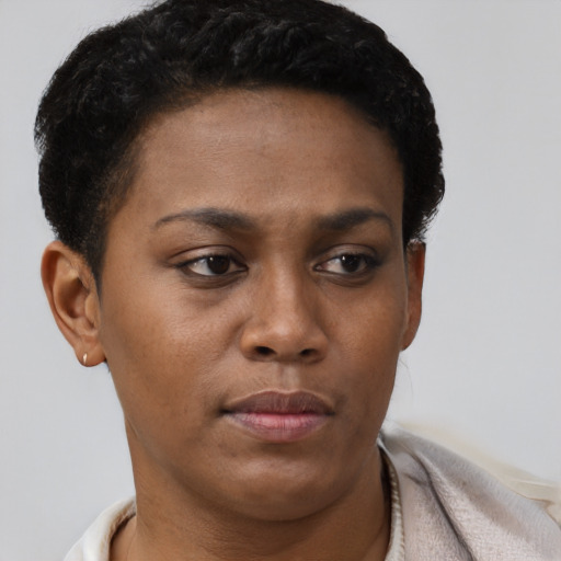 Neutral black young-adult female with short  brown hair and brown eyes