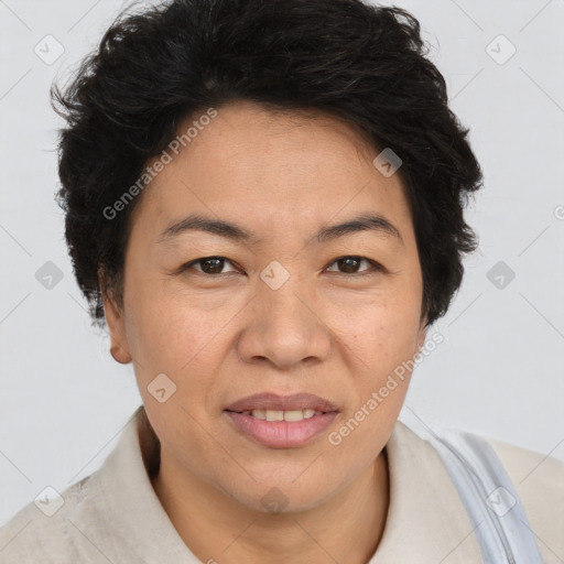 Joyful white adult female with short  brown hair and brown eyes