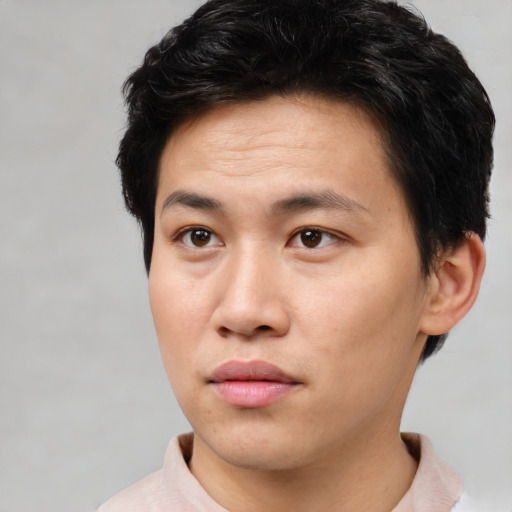 Neutral asian young-adult male with short  brown hair and brown eyes