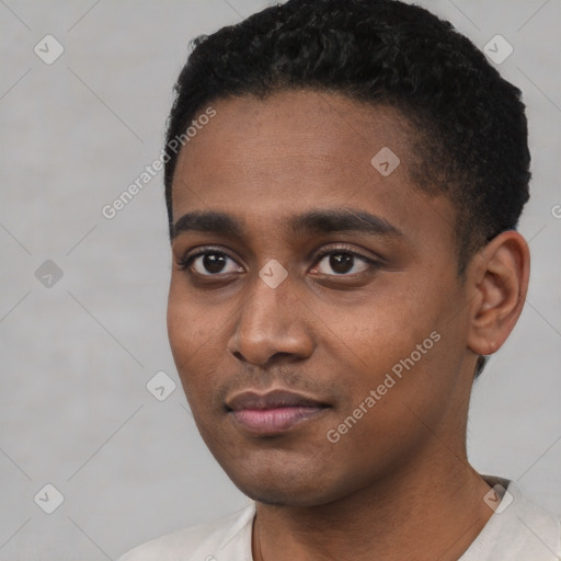 Neutral black young-adult male with short  black hair and brown eyes