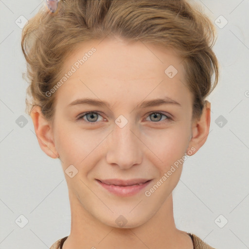 Joyful white young-adult female with short  brown hair and grey eyes