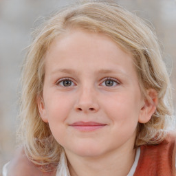 Joyful white child female with medium  brown hair and blue eyes