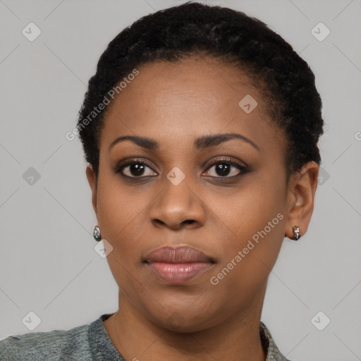 Neutral black young-adult female with short  black hair and brown eyes