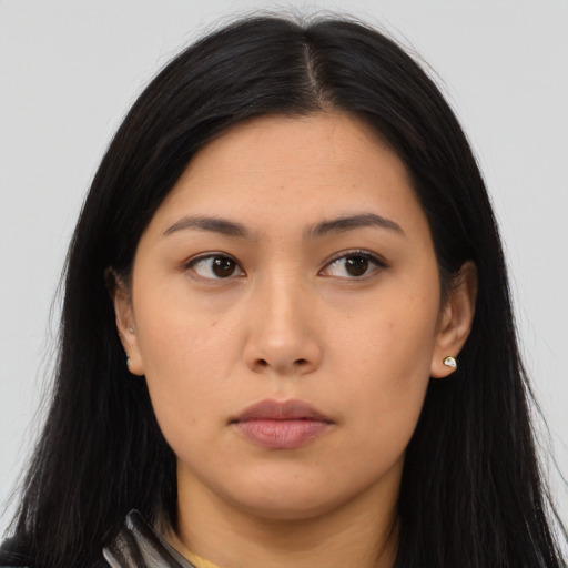 Neutral asian young-adult female with long  black hair and brown eyes