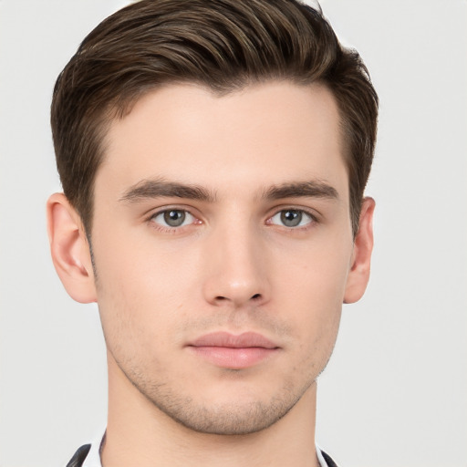 Neutral white young-adult male with short  brown hair and brown eyes