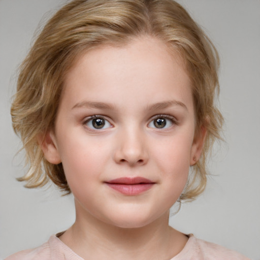 Joyful white child female with medium  brown hair and blue eyes