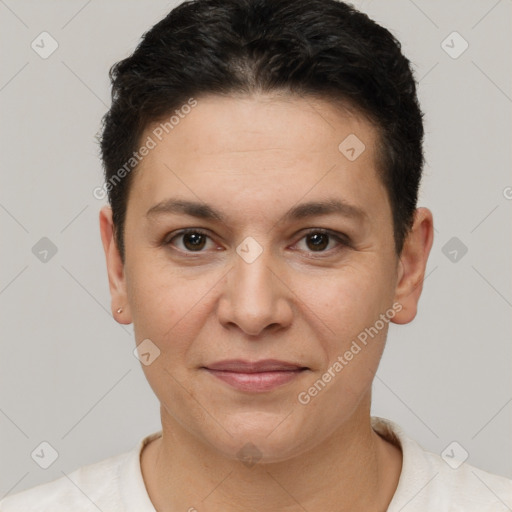 Joyful white young-adult female with short  brown hair and brown eyes